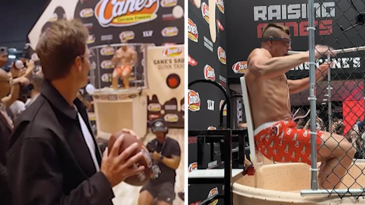 Tom Brady Sends Rob Gronkowski Soaring into 500-Gallon Raising Cane’s Sauce Tank at Fanatics Fest