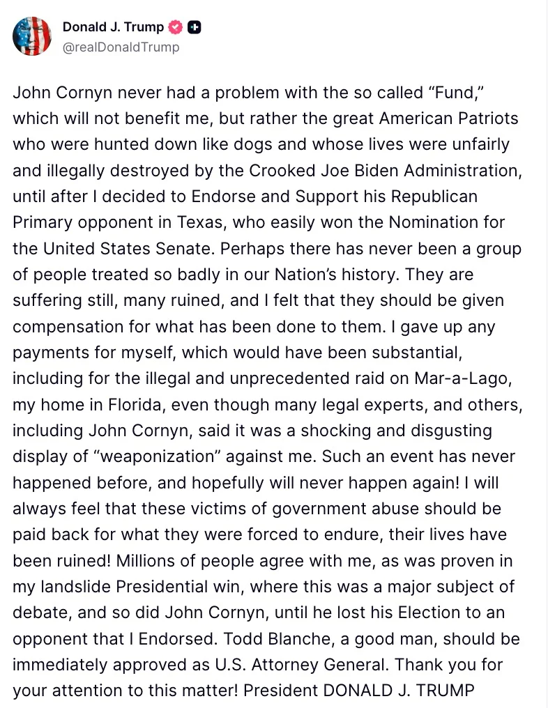 Trump Escalates Feud with Senator John Cornyn Over Attorney General Nomination and January 6 Compensation Fund