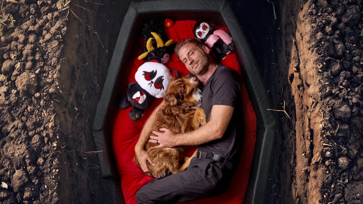 BARK and Liquid Death Unveil The Most Forever Home A Multi Functional Human Sized Coffin and Dog Bed for Pet Owners Seeking Eternal Companionship