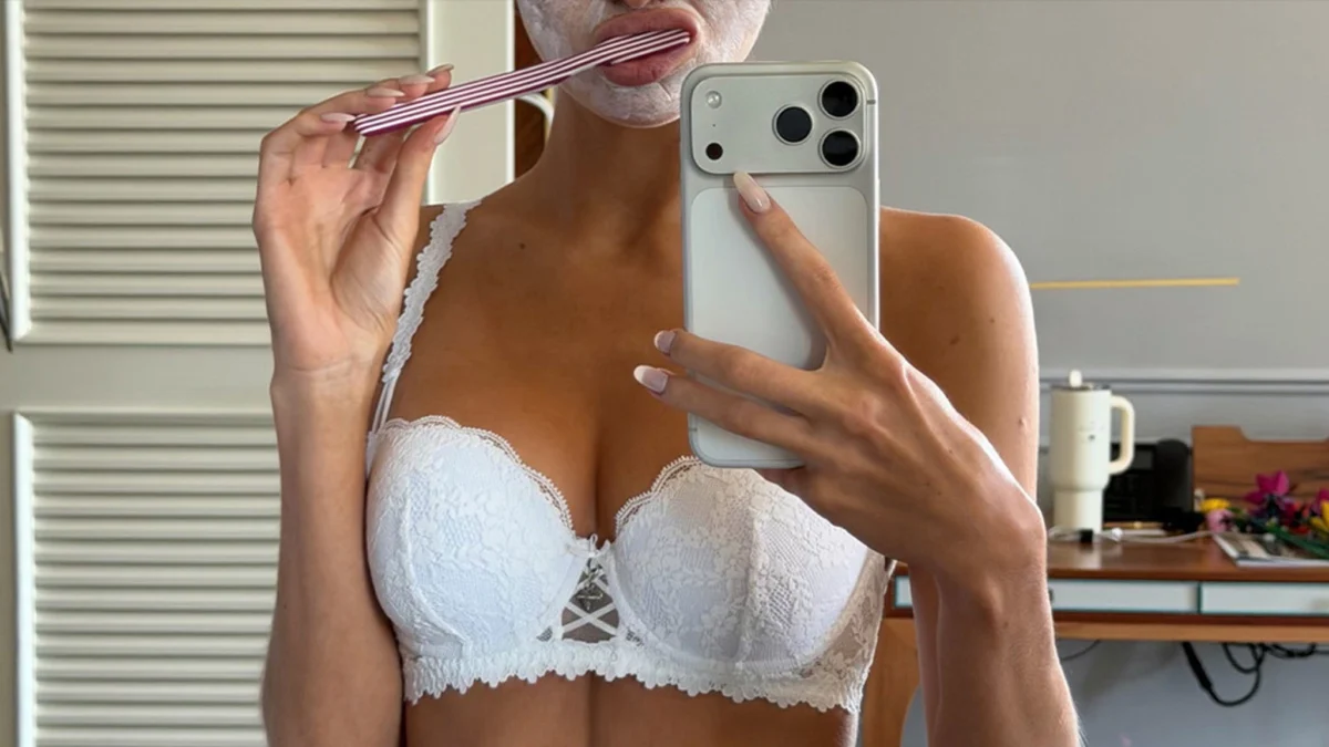 Guess Who Lacy Lingerie Lady Brushing Her Teeth