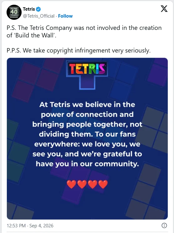The White House’s "Build the Wall" Tetris Clone Sparks Controversy and Copyright Concerns